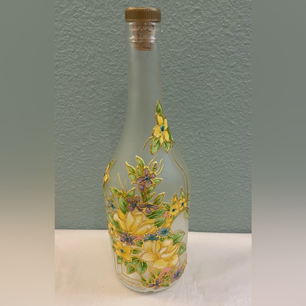 Vintage Hand-painted Glass Bottle with cork stopper.